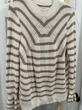 LOFT Cream & Brown Striped Crewneck Sweater